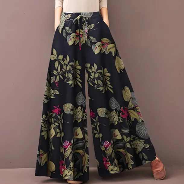 Women's Normal Culottes Wide Leg Wide Leg Pants Trousers Fashion Full Length Mid Waist Flower / Floral Side Pockets Baggy High Cut Comfort Inelastic Casual Weekend Yellow Red Deep Blue Summer Spring
