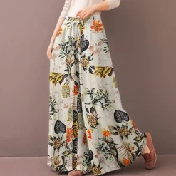 Women's Normal Culottes Wide Leg Wide Leg Pants Trousers Fashion Full Length Mid Waist Flower / Floral Side Pockets Baggy High Cut Comfort Inelastic Casual Weekend Yellow Red Deep Blue Summer Spring