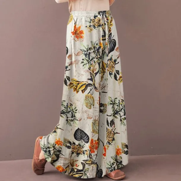 Women's Normal Culottes Wide Leg Wide Leg Pants Trousers Fashion Full Length Mid Waist Flower / Floral Side Pockets Baggy High Cut Comfort Inelastic Casual Weekend Yellow Red Deep Blue Summer Spring