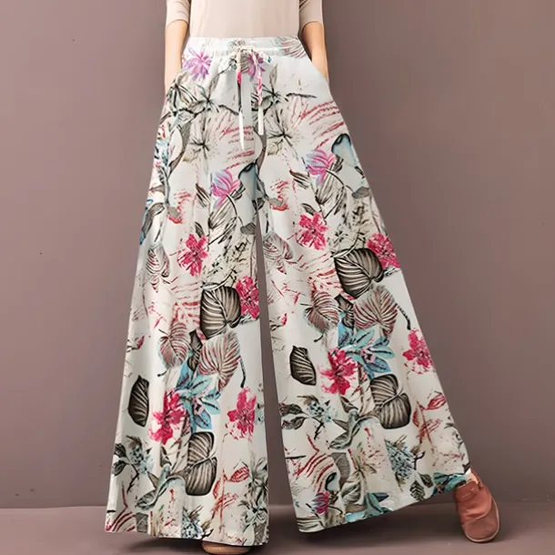 Women's Normal Culottes Wide Leg Wide Leg Pants Trousers Fashion Full Length Mid Waist Flower / Floral Side Pockets Baggy High Cut Comfort Inelastic Casual Weekend Yellow Red Deep Blue Summer Spring