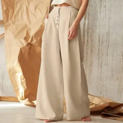 Women's Normal Culottes Wide Leg Wide Leg Cotton Linen Pants Fashion Full Length Mid Waist Plain Side Pockets Wide Leg Baggy Comfort Inelastic Casual Weekend Black Green Khaki Summer Spring & Fall