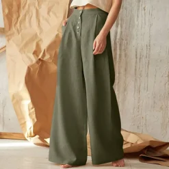 Women's Normal Culottes Wide Leg Wide Leg Cotton Linen Pants Fashion Full Length Mid Waist Plain Side Pockets Wide Leg Baggy Comfort Inelastic Casual Weekend Black Green Khaki Summer Spring & Fall