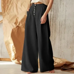 Women's Normal Culottes Wide Leg Wide Leg Cotton Linen Pants Fashion Full Length Mid Waist Plain Side Pockets Wide Leg Baggy Comfort Inelastic Casual Weekend Black Green Khaki Summer Spring & Fall