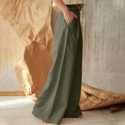 Women's Normal Culottes Wide Leg Wide Leg Cotton Linen Pants Fashion Full Length Mid Waist Plain Side Pockets Wide Leg Baggy Comfort Inelastic Casual Weekend Black Green Khaki Summer Spring & Fall