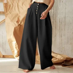 Women's Normal Culottes Wide Leg Wide Leg Cotton Linen Pants Fashion Full Length Mid Waist Plain Side Pockets Wide Leg Baggy Comfort Inelastic Casual Weekend Black Green Khaki Summer Spring & Fall