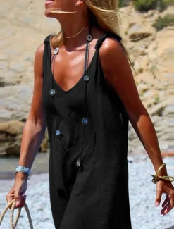 Women's Normal Dungarees Overall Streetwear Solid Color Sleeveless V Neck Street Daily Regular Fit Black Navy Blue Light Blue Summer