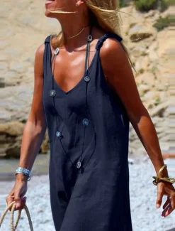 Women's Normal Dungarees Overall Streetwear Solid Color Sleeveless V Neck Street Daily Regular Fit Black Navy Blue Light Blue Summer