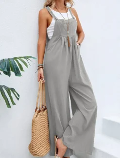 Women's Normal Dungarees Overall Streetwear Solid Color Sleeveless Square Neck Buttons Pocket Street Daily Regular Fit Black Pink Wine Summer