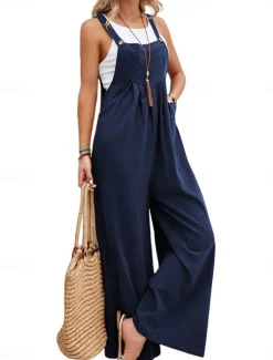 Women's Normal Dungarees Overall Streetwear Solid Color Sleeveless Square Neck Buttons Pocket Street Daily Regular Fit Black Pink Wine Summer