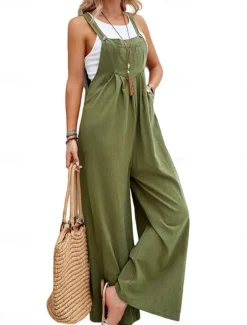 Women's Normal Dungarees Overall Streetwear Solid Color Sleeveless Square Neck Buttons Pocket Street Daily Regular Fit Black Pink Wine Summer