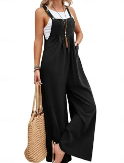 Women's Normal Dungarees Overall Streetwear Solid Color Sleeveless Square Neck Buttons Pocket Street Daily Regular Fit Black Pink Wine Summer