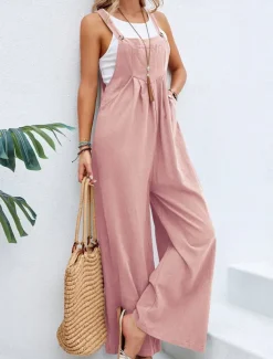 Women's Normal Dungarees Overall Streetwear Solid Color Sleeveless Square Neck Buttons Pocket Street Daily Regular Fit Black Pink Wine Summer