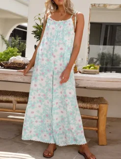 Women's Normal Jumpsuit Active Floral Sleeveless U Neck High Waist Vacation Daily Loose Fit Light Blue Summer