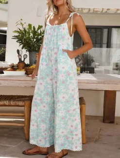 Women's Normal Jumpsuit Active Floral Sleeveless U Neck High Waist Vacation Daily Loose Fit Light Blue Summer