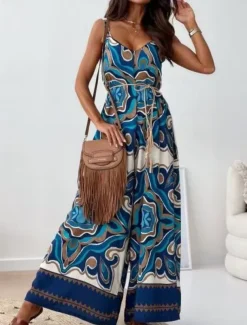 Women's Normal Jumpsuit Active Graphic Sleeveless Wide Leg V Neck High Waist Vacation Daily Regular Fit Navy Blue Blue Apricot Summer