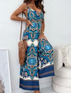 Women's Normal Jumpsuit Active Graphic Sleeveless Wide Leg V Neck High Waist Vacation Daily Regular Fit Navy Blue Blue Apricot Summer
