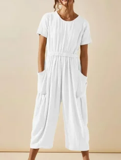 Women's Normal Jumpsuit Active Solid Color Short Sleeve Round Neck Pocket Vacation Daily Regular Fit White Green Khaki Summer