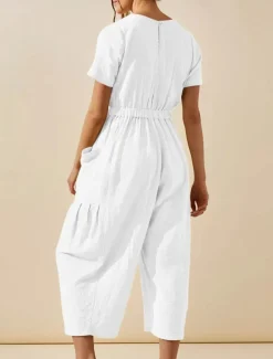 Women's Normal Jumpsuit Active Solid Color Short Sleeve Round Neck Pocket Vacation Daily Regular Fit White Green Khaki Summer