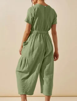 Women's Normal Jumpsuit Active Solid Color Short Sleeve Round Neck Pocket Vacation Daily Regular Fit White Green Khaki Summer