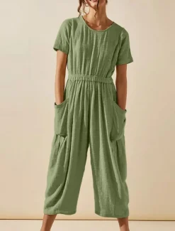 Women's Normal Jumpsuit Active Solid Color Short Sleeve Round Neck Pocket Vacation Daily Regular Fit White Green Khaki Summer