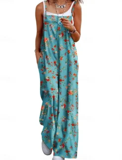 Women's Normal Jumpsuit Active Floral Sleeveless Wide Leg Round Neck Pocket High Waist Vacation Daily Regular Fit Yellow Pink Army Green Summer