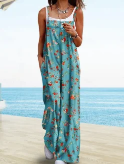 Women's Normal Jumpsuit Active Floral Sleeveless Wide Leg Round Neck Pocket High Waist Vacation Daily Regular Fit Yellow Pink Army Green Summer