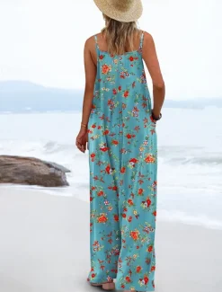 Women's Normal Jumpsuit Active Floral Sleeveless Wide Leg Round Neck Pocket High Waist Vacation Daily Regular Fit Yellow Pink Army Green Summer