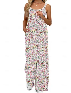 Women's Normal Jumpsuit Active Floral Sleeveless Wide Leg Round Neck Pocket High Waist Vacation Daily Regular Fit Yellow Pink Army Green Summer