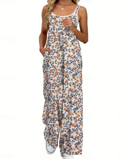 Women's Normal Jumpsuit Active Floral Sleeveless Wide Leg Round Neck Pocket High Waist Vacation Daily Regular Fit Yellow Pink Army Green Summer