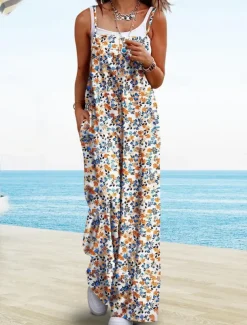 Women's Normal Jumpsuit Active Floral Sleeveless Wide Leg Round Neck Pocket High Waist Vacation Daily Regular Fit Yellow Pink Army Green Summer