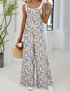 Women's Normal Jumpsuit Active Floral Sleeveless Wide Leg Round Neck Pocket High Waist Vacation Daily Regular Fit Yellow Pink Army Green Summer