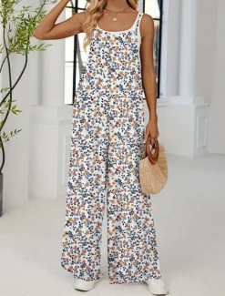 Women's Normal Jumpsuit Active Floral Sleeveless Wide Leg Round Neck Pocket High Waist Vacation Daily Regular Fit Yellow Pink Army Green Summer