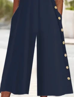 Women's Normal Jumpsuit Active Solid Color Half Sleeve Wide Leg V Neck Buttons Pocket Vacation Daily Regular Fit Navy Blue Summer