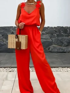 Women's Normal Jumpsuit Active Solid Color Sleeveless V Neck Pocket Vacation Daily Regular Fit Black White Red Summer