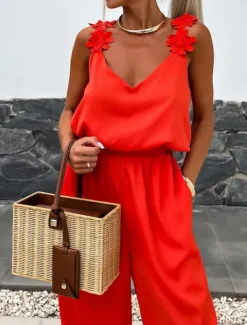 Women's Normal Jumpsuit Active Solid Color Sleeveless V Neck Pocket Vacation Daily Regular Fit Black White Red Summer