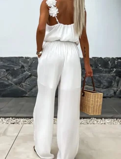 Women's Normal Jumpsuit Active Solid Color Sleeveless V Neck Pocket Vacation Daily Regular Fit Black White Red Summer
