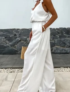 Women's Normal Jumpsuit Active Solid Color Sleeveless V Neck Pocket Vacation Daily Regular Fit Black White Red Summer