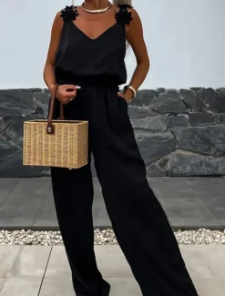 Women's Normal Jumpsuit Active Solid Color Sleeveless V Neck Pocket Vacation Daily Regular Fit Black White Red Summer