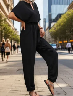 Women's Normal Jumpsuit Active Solid Color Sleeveless V Neck High Waist Vacation Daily Regular Fit Black Wine Blue Summer