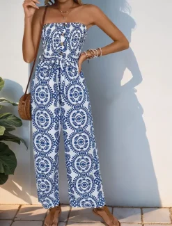 Women's Normal Jumpsuit Active Floral Sleeveless Strapless Backless Pocket Vacation Daily Regular Fit Blue Summer