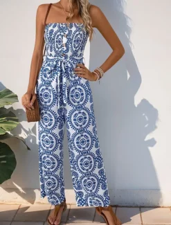 Women's Normal Jumpsuit Active Floral Sleeveless Strapless Backless Pocket Vacation Daily Regular Fit Blue Summer