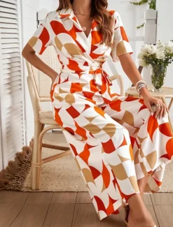 Women's Normal Jumpsuit Active Geometric Short Sleeve Wide Leg Shirt Collar Lace up High Waist Vacation Daily Regular Fit Black Red Green Summer