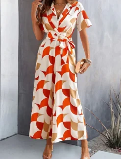 Women's Normal Jumpsuit Active Geometric Short Sleeve Wide Leg Shirt Collar Lace up High Waist Vacation Daily Regular Fit Black Red Green Summer