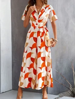 Women's Normal Jumpsuit Active Geometric Short Sleeve Wide Leg Shirt Collar Lace up High Waist Vacation Daily Regular Fit Black Red Green Summer