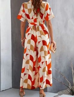 Women's Normal Jumpsuit Active Geometric Short Sleeve Wide Leg Shirt Collar Lace up High Waist Vacation Daily Regular Fit Black Red Green Summer