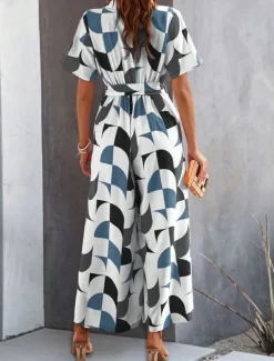 Women's Normal Jumpsuit Active Geometric Short Sleeve Wide Leg Shirt Collar Lace up High Waist Vacation Daily Regular Fit Black Red Green Summer