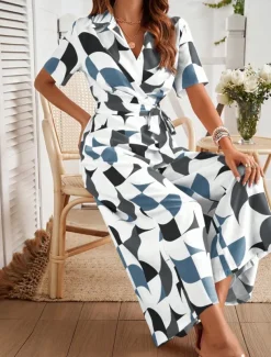 Women's Normal Jumpsuit Active Geometric Short Sleeve Wide Leg Shirt Collar Lace up High Waist Vacation Daily Regular Fit Black Red Green Summer