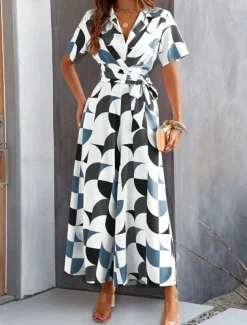 Women's Normal Jumpsuit Active Geometric Short Sleeve Wide Leg Shirt Collar Lace up High Waist Vacation Daily Regular Fit Black Red Green Summer