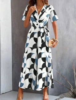 Women's Normal Jumpsuit Active Geometric Short Sleeve Wide Leg Shirt Collar Lace up High Waist Vacation Daily Regular Fit Black Red Green Summer