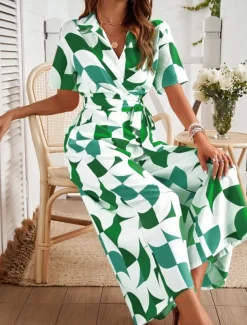 Women's Normal Jumpsuit Active Geometric Short Sleeve Wide Leg Shirt Collar Lace up High Waist Vacation Daily Regular Fit Black Red Green Summer